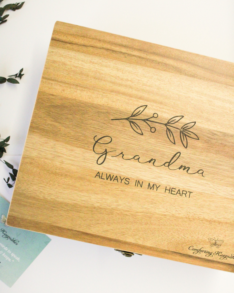 acacia wood box with the words grandma always in my heart engraved on the front